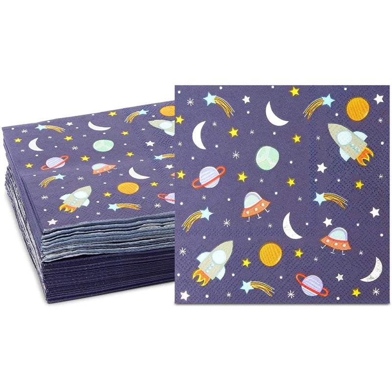 BLUE PANDA Rocket Ship Space Napkins - 5 x 5 in, 50-Count, 3-Ply Blue - Outer Space Party & Birthday Decorations - Kids Party Napkins - Image 1